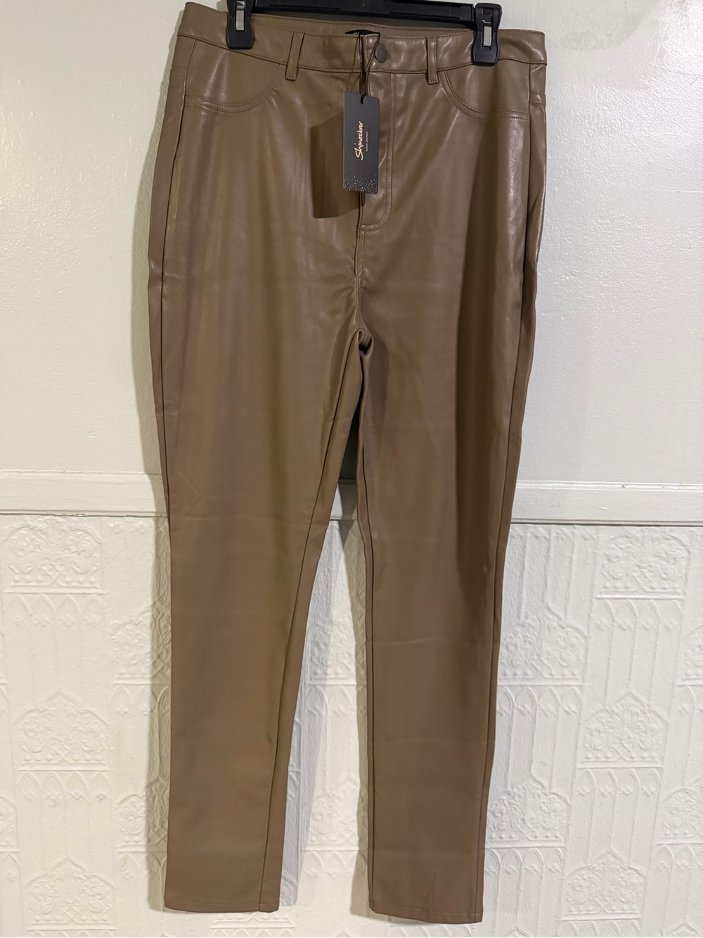 Shinestar Brown Faux Leather Chinos - Sleek Tailored Look